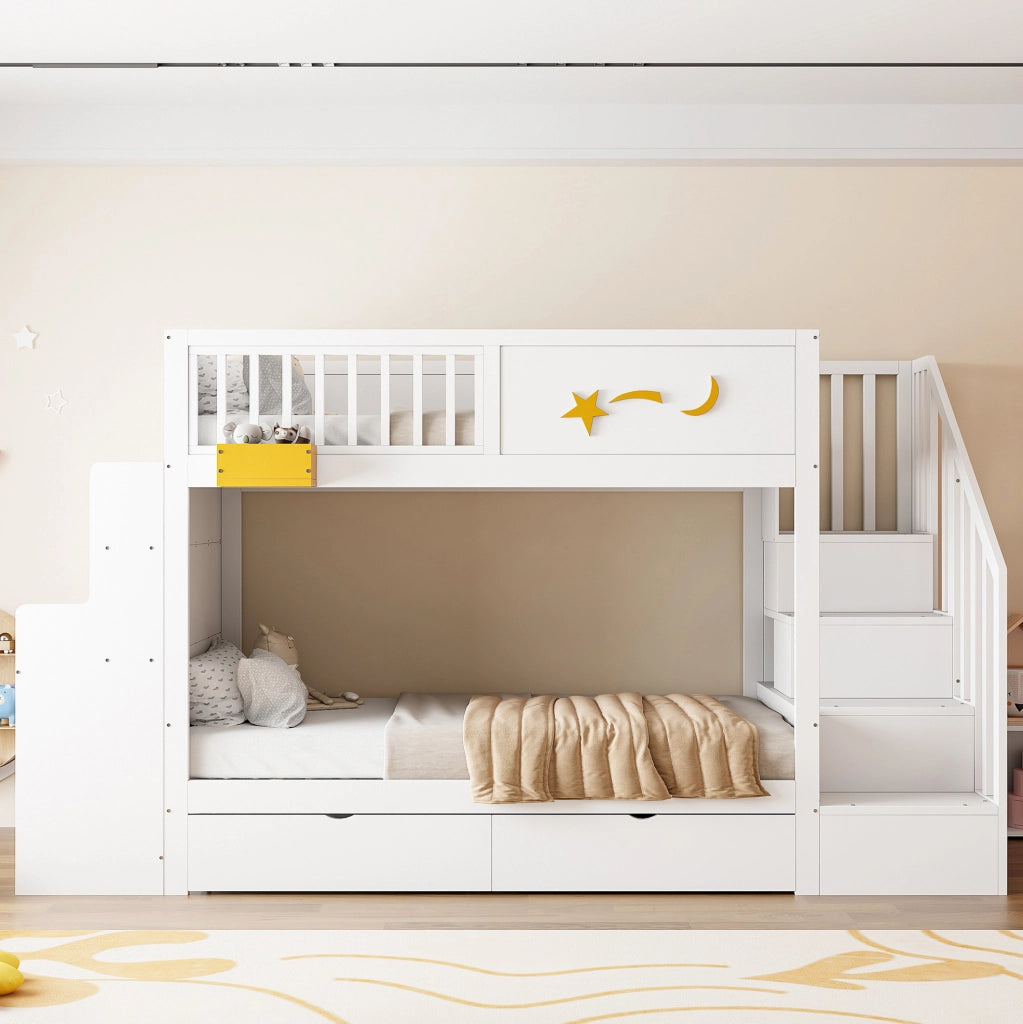 Letto a castello per bambini 90x200 cm in legno di pino bianco con scrivania; scala e cassetti