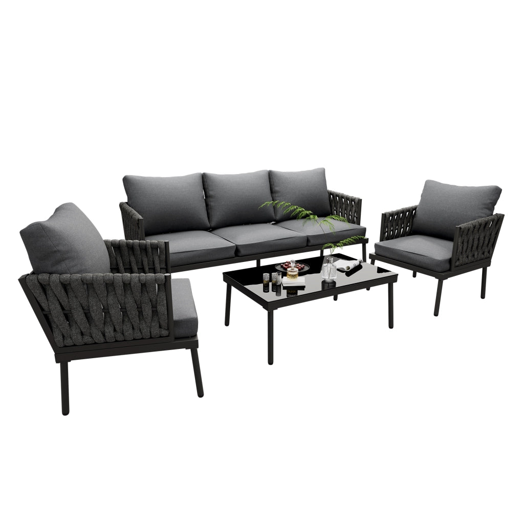 Set Divano da Giardino con Tavolo e Cuscini ¨C MINIMAL ¨C Polyrattan, Acciaio, Grigio
