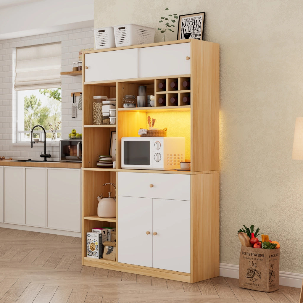 Credenza alta con LED, 1 cassetto, 3 ante e ripiani aperti, per cucina e soggiorno, bianco naturale, 115 × 35 × 180 cm