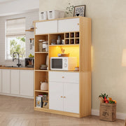Credenza alta con LED, 1 cassetto, 3 ante e ripiani aperti, per cucina e soggiorno, bianco naturale, 115 × 35 × 180 cm