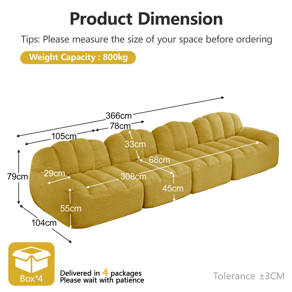 Divano modulare ad angolo con seduta profonda e schienale ergonomico in pile granulato giallo 366 × 104 × 79 cm