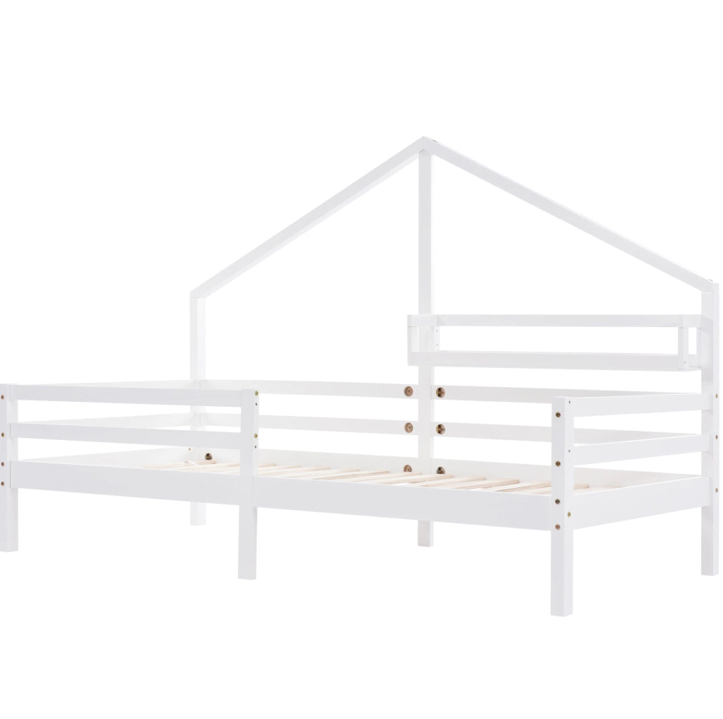 Lettino a casetta con scaffale per bambini 90x200 cm in legno di pino bianco