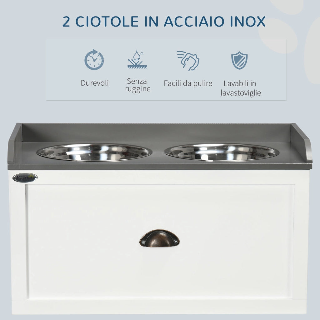 Ciotole per Cani Rialzate 60x30x36 cm con Cassetto in Acciaio Inox e Legno Bianco e Grigio