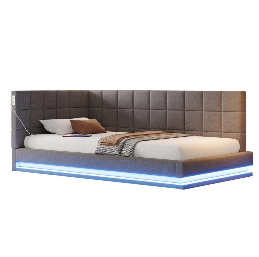 Divano letto imbottito 90x200 cm con LED; porta USB e rete a doghe; in lino grigio