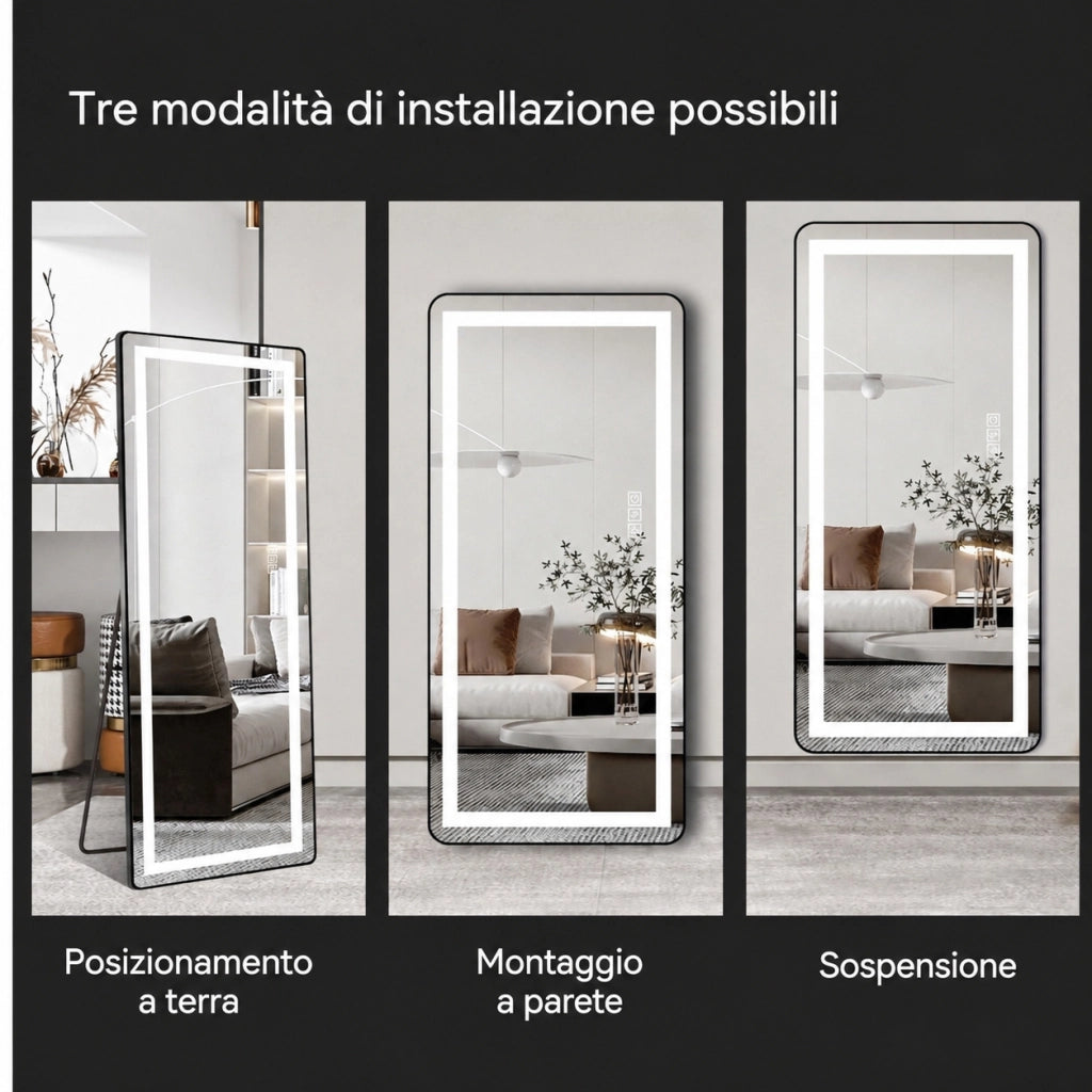 Specchio da terra figura intera LED 163x54 cm con staffa; cornice sottile in lega di alluminio nera