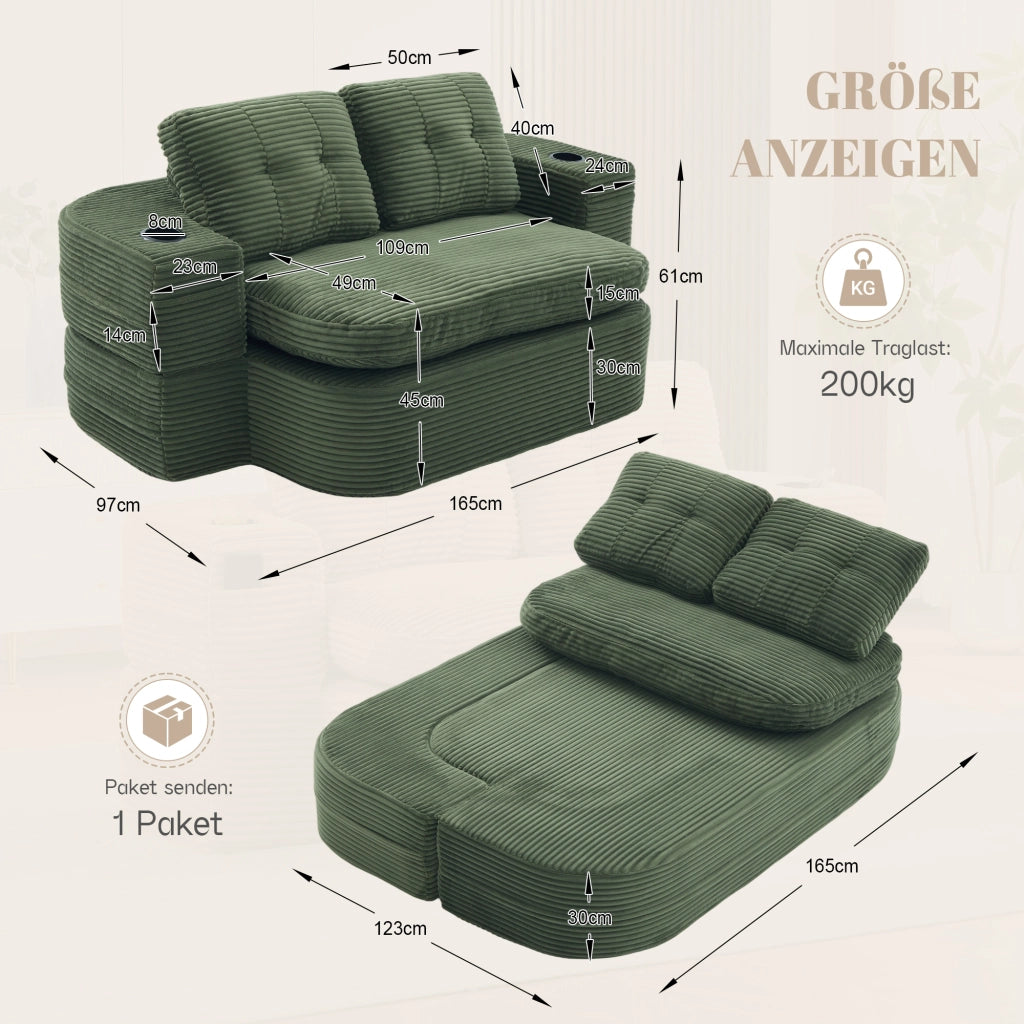 Poltrona letto 2 in 1 con seduta profonda schienale alto portabicchieri e tasche in velluto a coste smeraldo