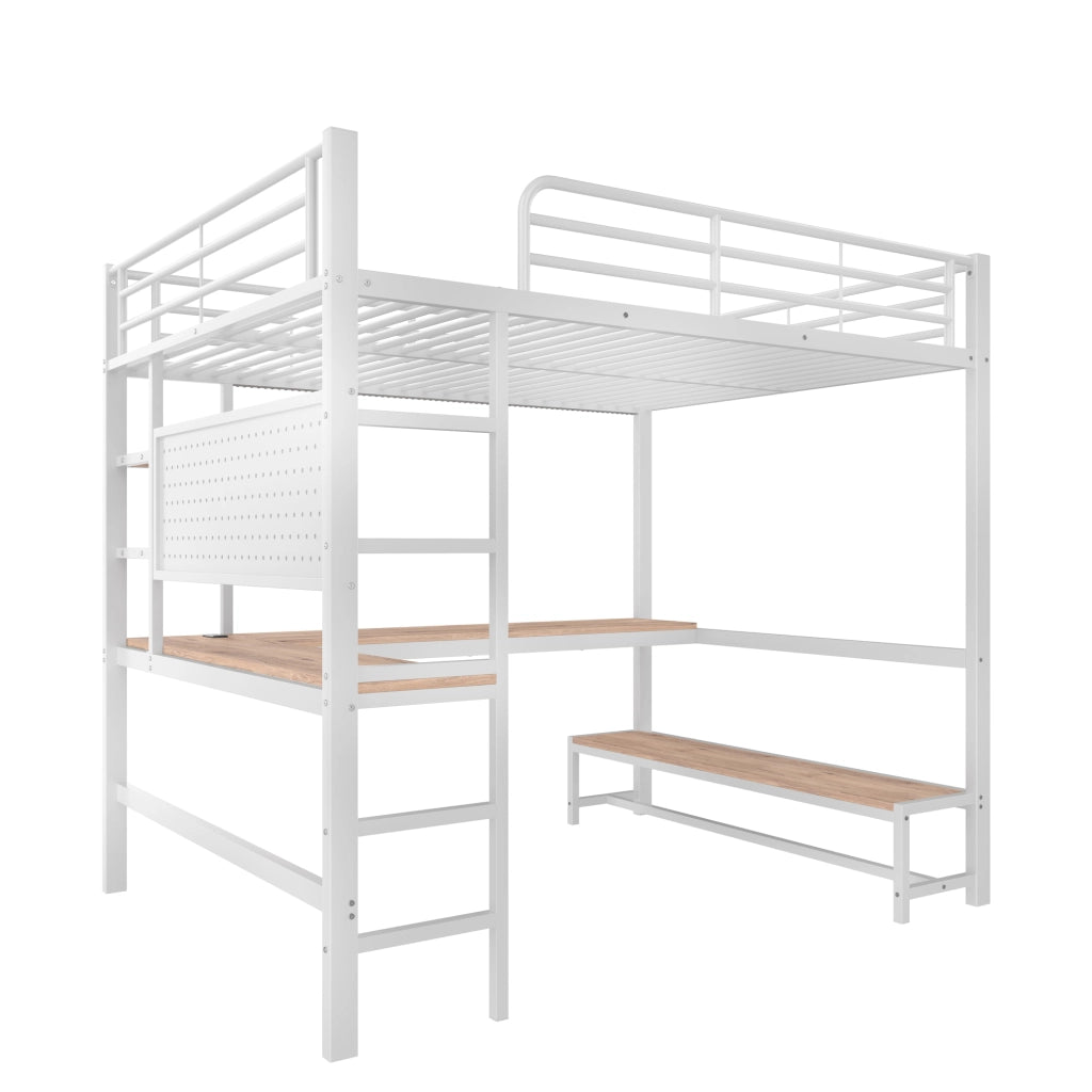 Letto a soppalco 140 x 200 cm con scrivania; scaffali; LED e prese USB e Type-C; in metallo e MDF; bianco