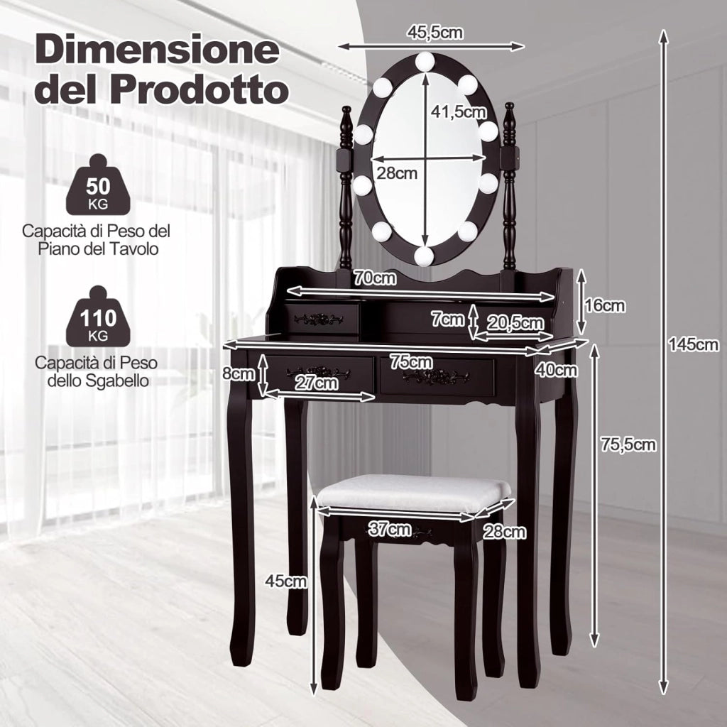 Toeletta Trucco con Specchio e 10 Luci LED, Luminosità Regolabile, Postazione Trucco con Sgabello Imbottito, Tavolo da Trucco Scrivania con 4 Cassetti Camera da Letto (Nero)