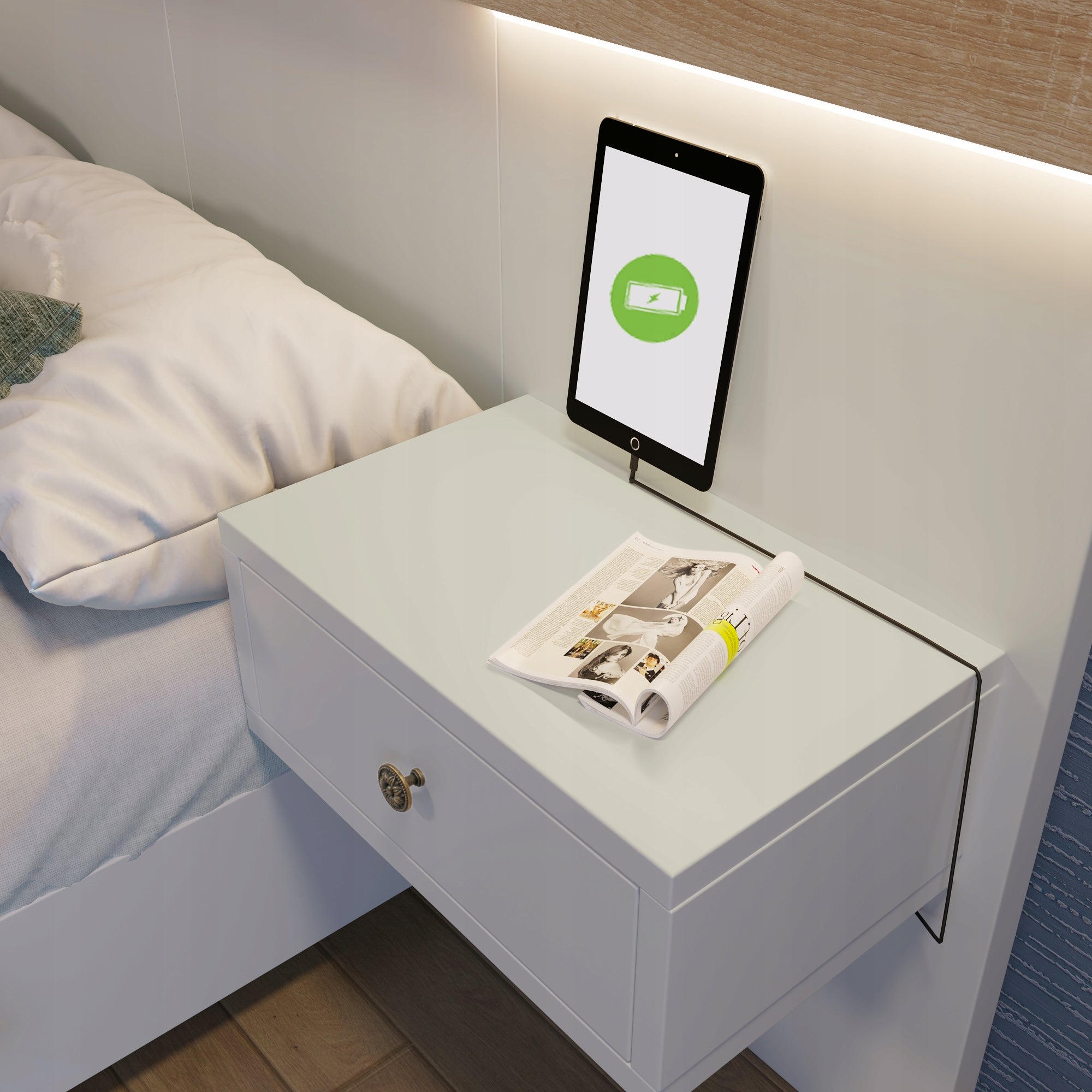 Letto 140x200 con 2 comodini e USB - Xylo - Bianco/Rovere senza materasso