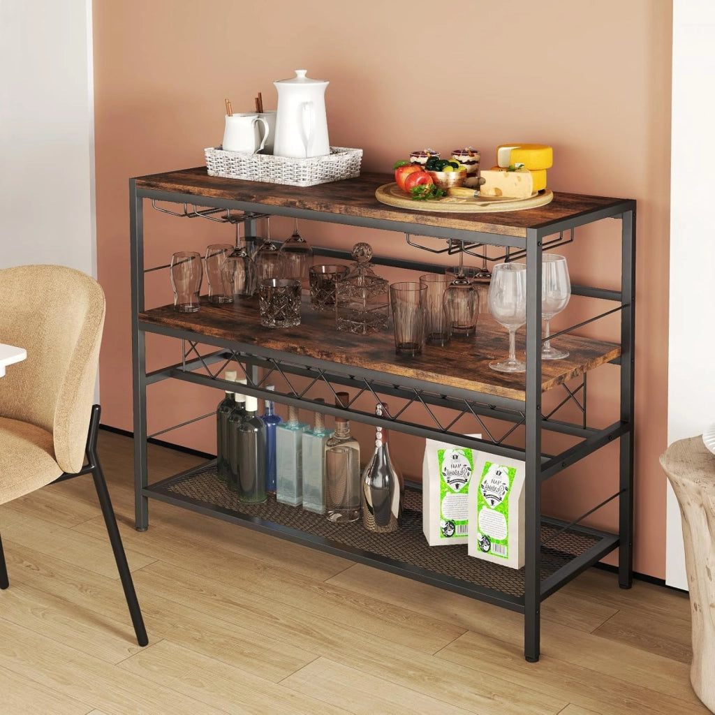 Mobile Portabottiglie di Vino e Calici da Terra, Scaffale Porta Vino su 3 Ripiani con Supporti per Bicchieri e Bottiglie, Tavolo Porta Vino da Bar, per Cucina e Soggiorno, Marrone Rustico