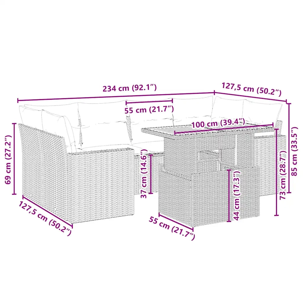 Set Divani da Giardino 7 pz con Cuscini Beige in Polyrattan
