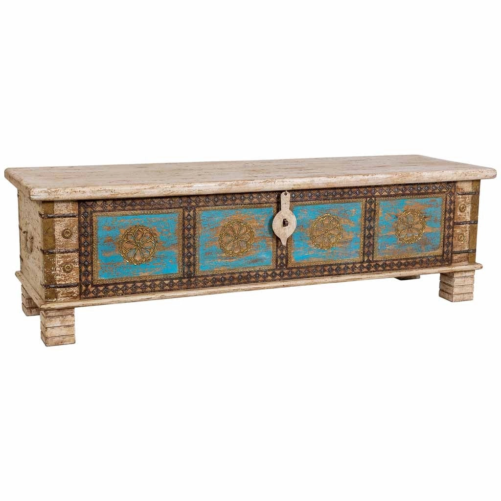 Baule in legno fatto a mano, bianco e blu, 150x45x46h cm