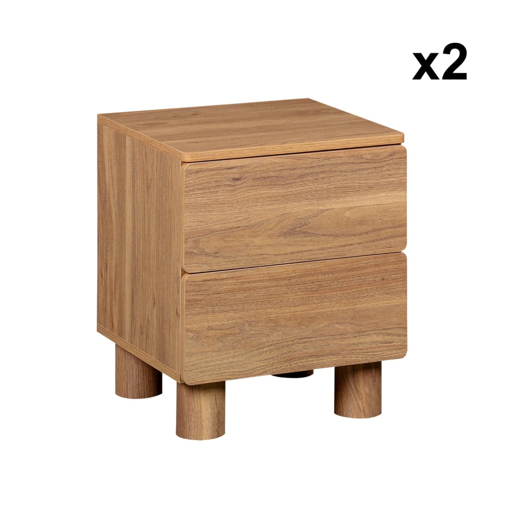Set di 2 comodini effetto legno, 2 cassetti, legno di nocciolo