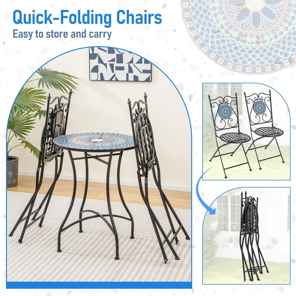 Set di 2 sedie a mosaico per esterni, sedie da bistro con seduta e schienale esauriti, telaio in metallo, set di sedie pieghevoli con motivi a mosaico per terrazza, patio, giardino