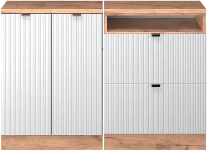Set di mobili sottotetto Rion, Ondulazione bianca, 120 cm Set di 2 carcasse armadio profondità 60 cm, adatto per il salvaspazio sotto tetti spioventi