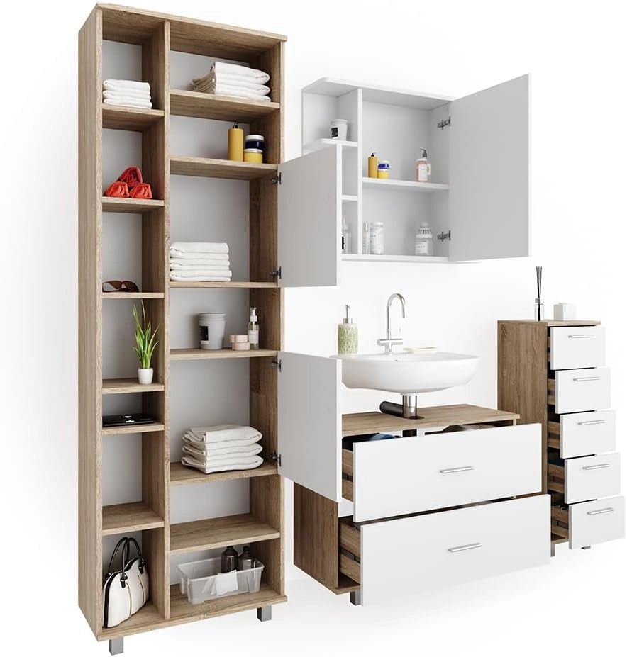 Set mobili bagno Ilias, Bianco/Sonoma, 80.2 cm, composto da mobile lavabo, pensile a specchio, colonna e base media