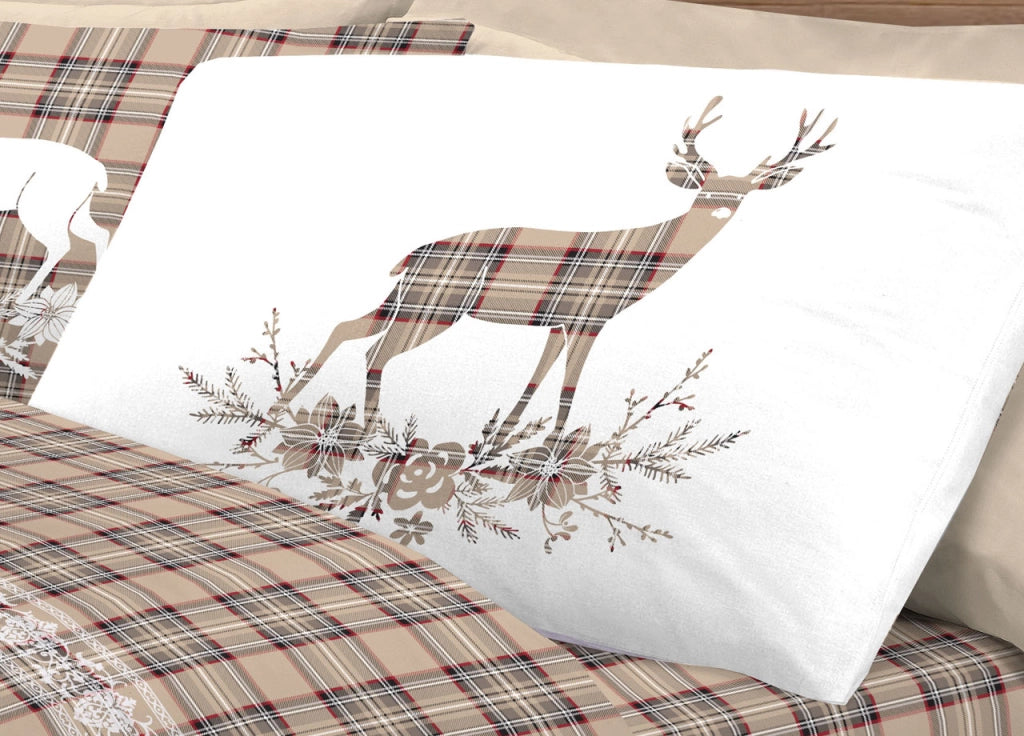 Copripiumino Sacco Piumone Pensieri Delicati 100% Cotone Dis. Cervo Tartan - Matrimoniale - Beige