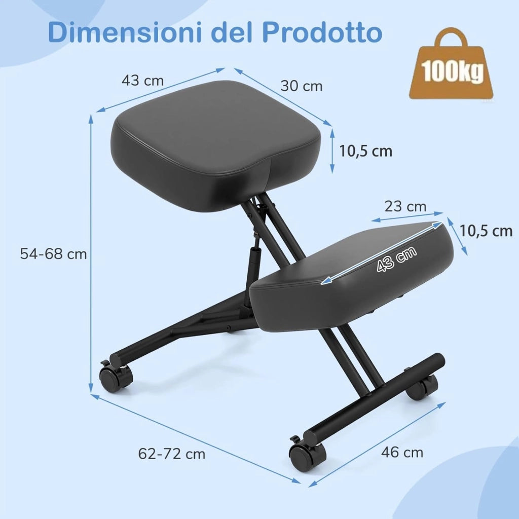 Sedia Ergonomica per Correzione Posturale, 4 Ruote Bloccabili e Supporto per Ginocchia, Sedia da Lavoro con Seduta Regolabile, Carico Fino a 100 kg (Non Schienale)