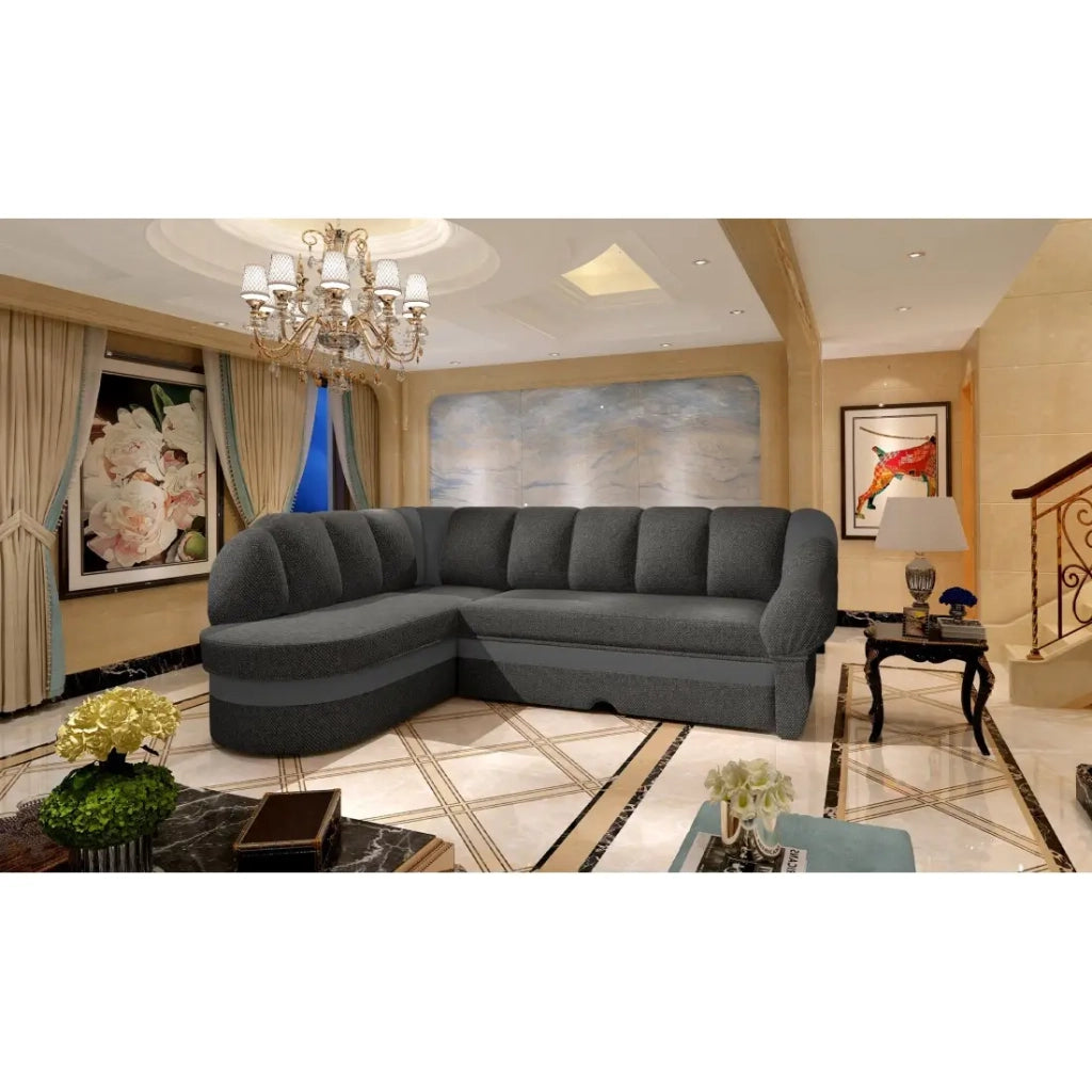 Divano angolare sinistro convertibile BENANA 250 cm grigio scuro e nero con contenitore