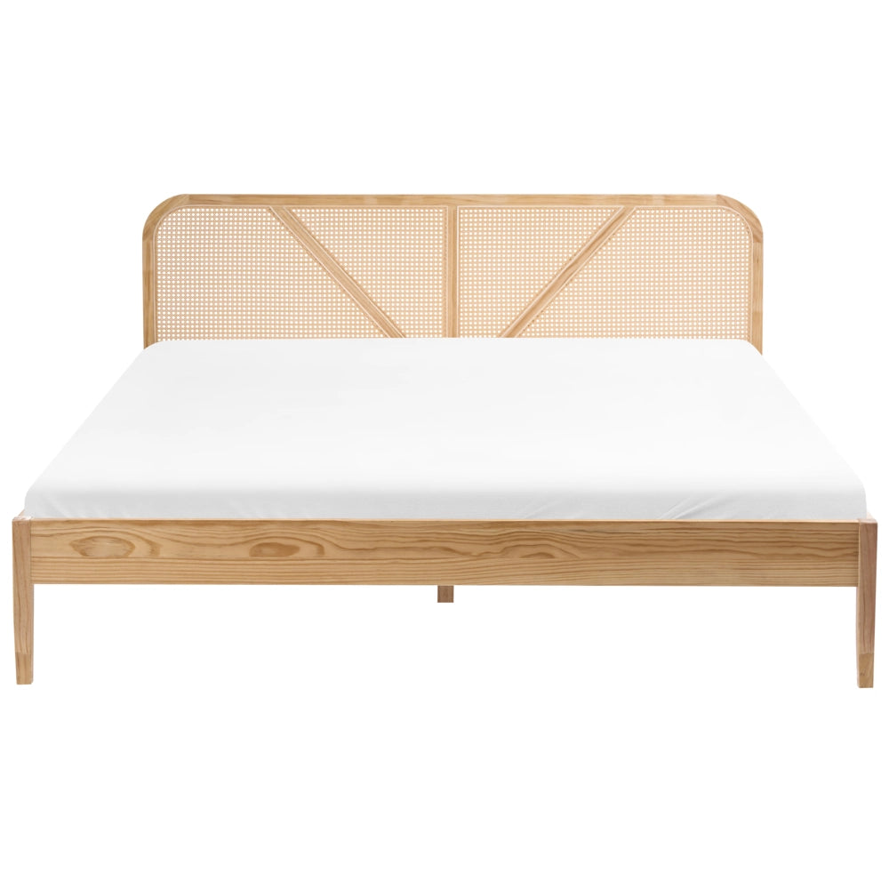 Letto matrimoniale con struttura in legno di pino e testiera in rattan marrone chiaro 180x200 cm in stile retrò