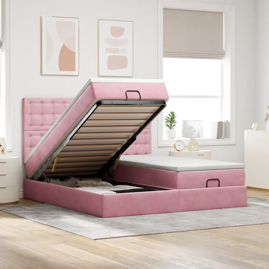 Struttura Letto Pouf con Materassi Rosa 160x200 cm Velluto