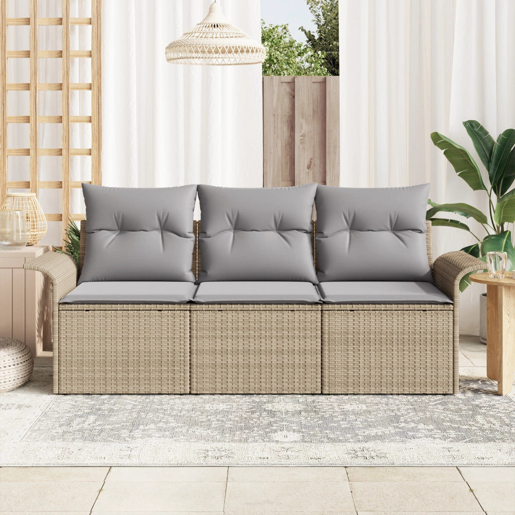 Set di Divano da Giardino a 3 Pezzi con Cuscini Beige in Rattan Plastico