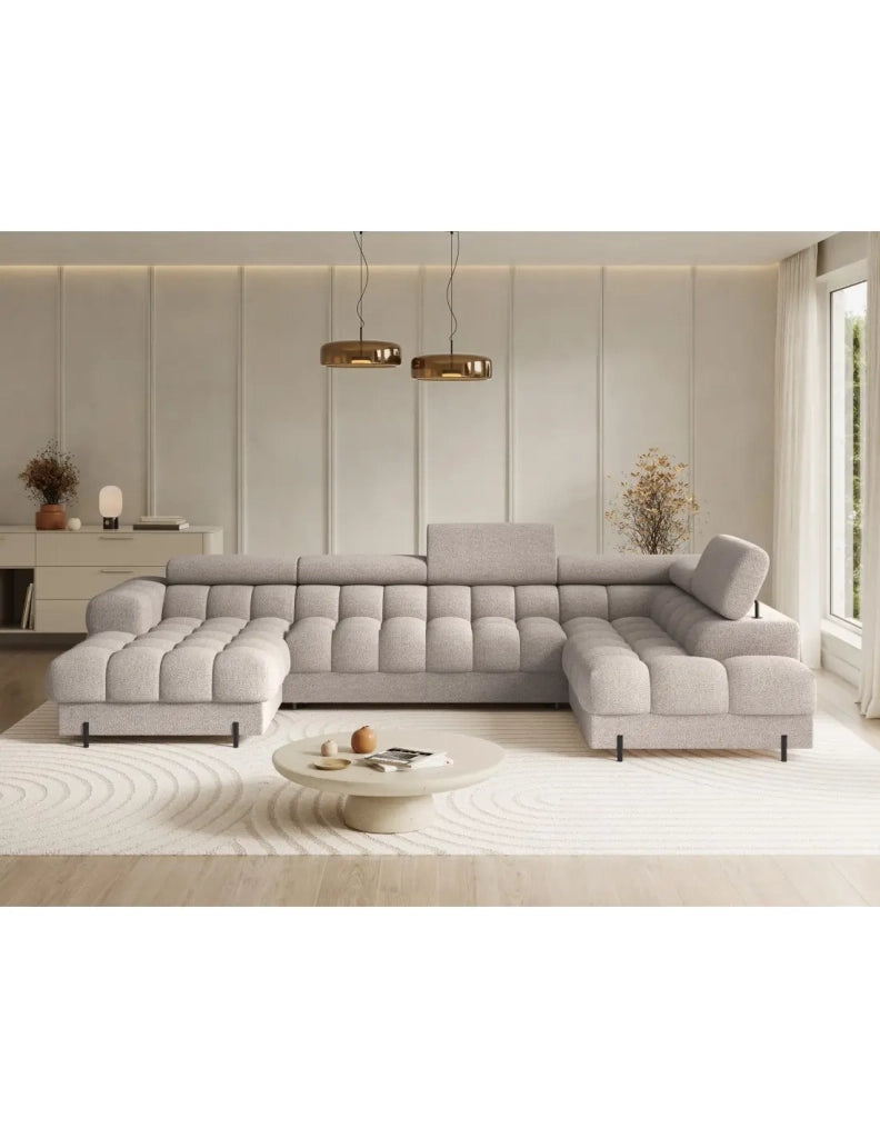 Divano panoramico convertibile Beige chiaro angolo destro FERARIA 358x93x202cm