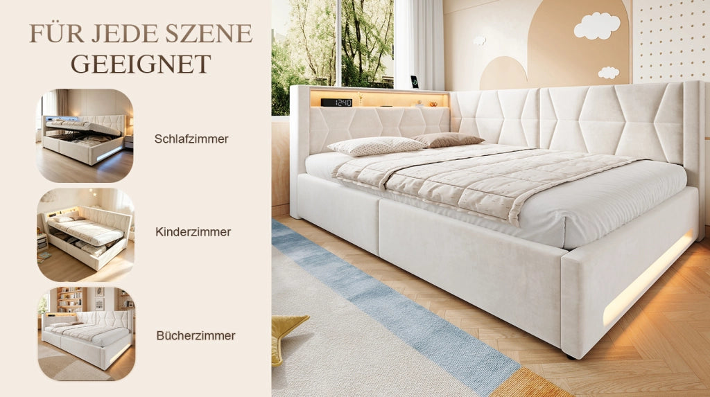 Letto imbottito 140x200 cm in velluto beige con contenitore, LED, USB e Type-C