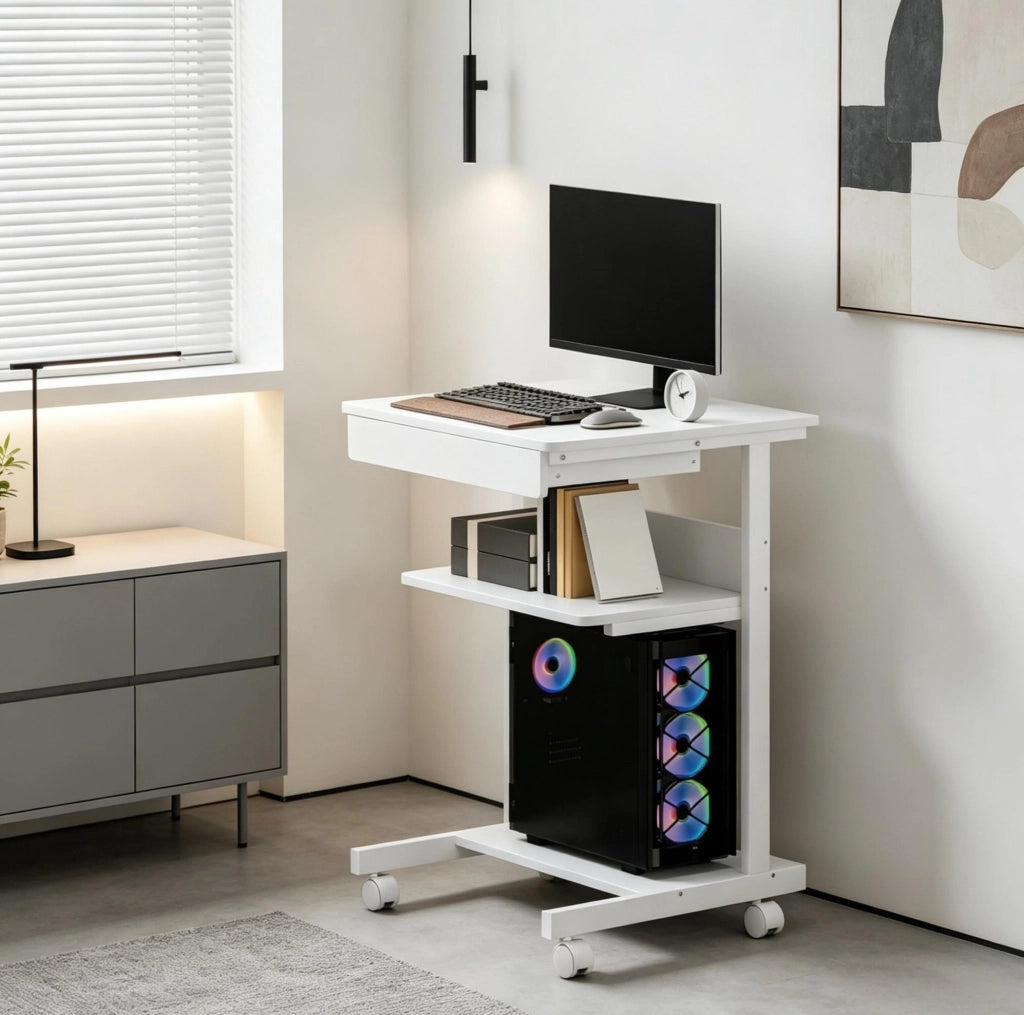 Scrivania ULEVR 56x51x79 cm con ruote, cassetto, ripiano e supporto CPU, bianca