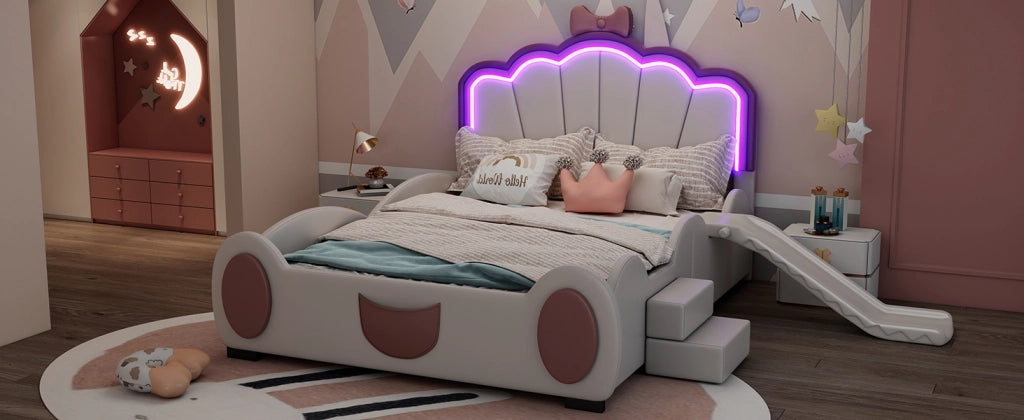 DESMIU Letto per bambini 2 posti con scivolo, scala e LED regolabile 140 × 200 cm, senza materasso, rosa e bianco