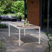 Tavolo da esterno Sarnia, Base per picnic, Piano da pranzo da giardino, Banco outdoor multiuso, 200x95 h75 cm, Rovere e Bianco