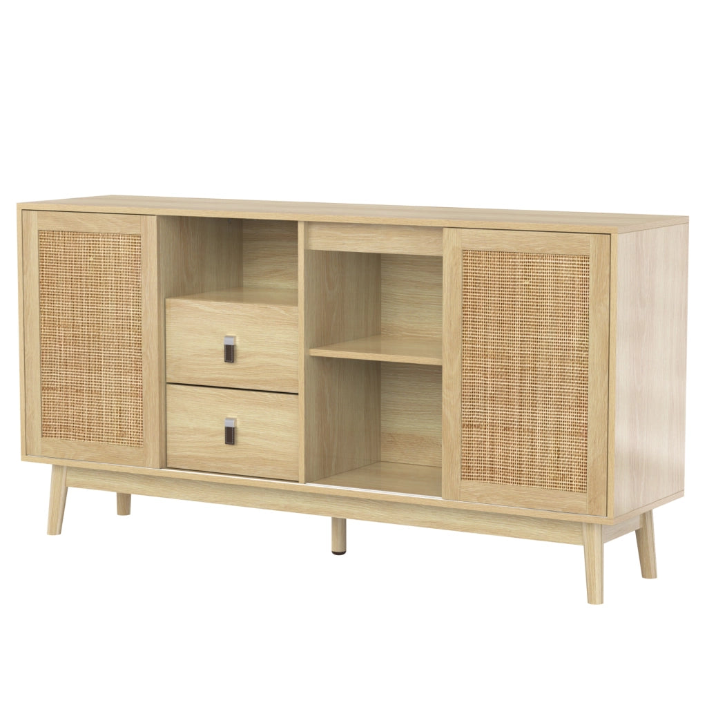 Credenza con Ante Scorrevoli in Rattan e Cassetti ¨C MINIMAL ¨C 155x38x80 cm