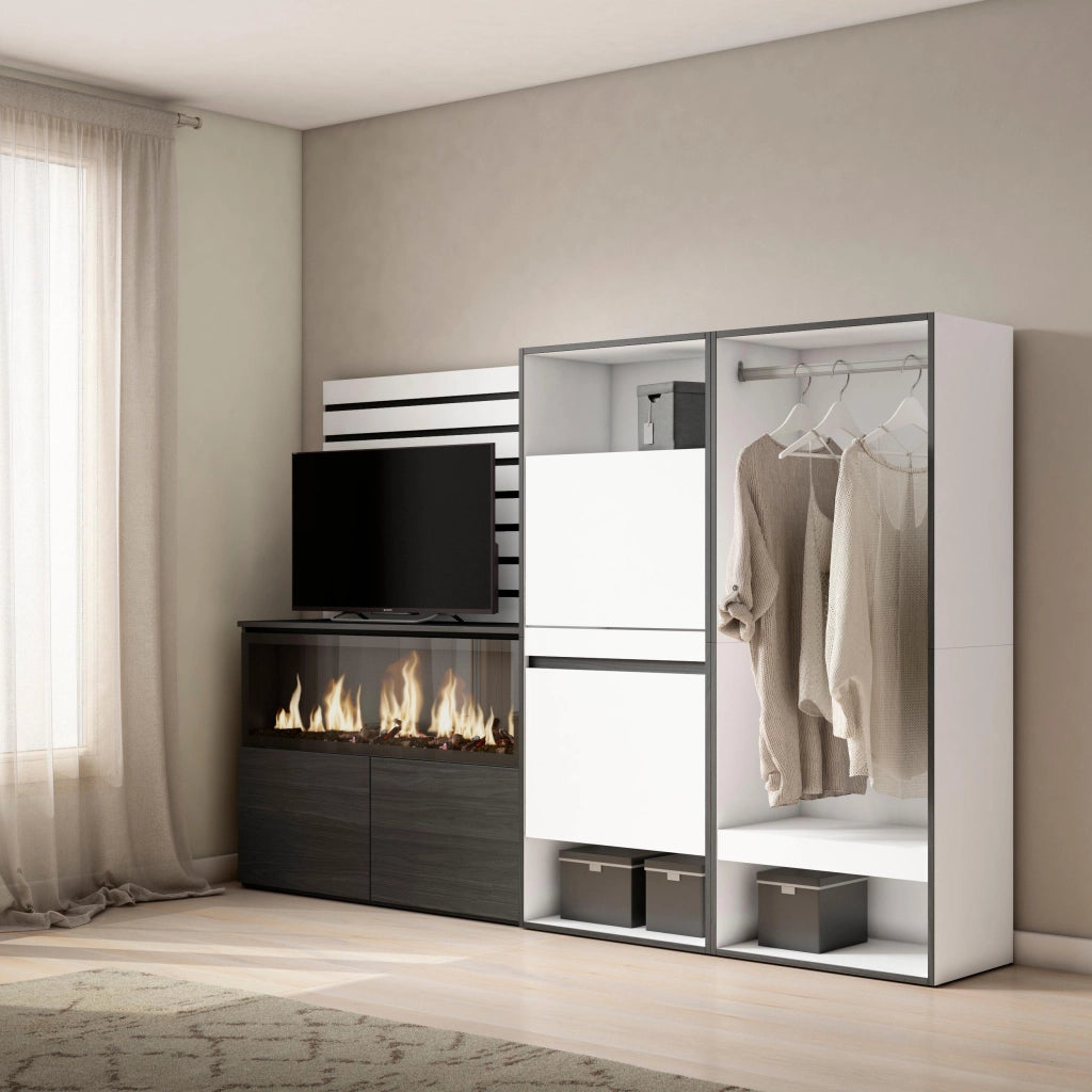 Credenza, 227x35x145cm, Camera da letto, Camino elettrico XXL, Scarpiera, Armadio Aperto, Bianco RF3386