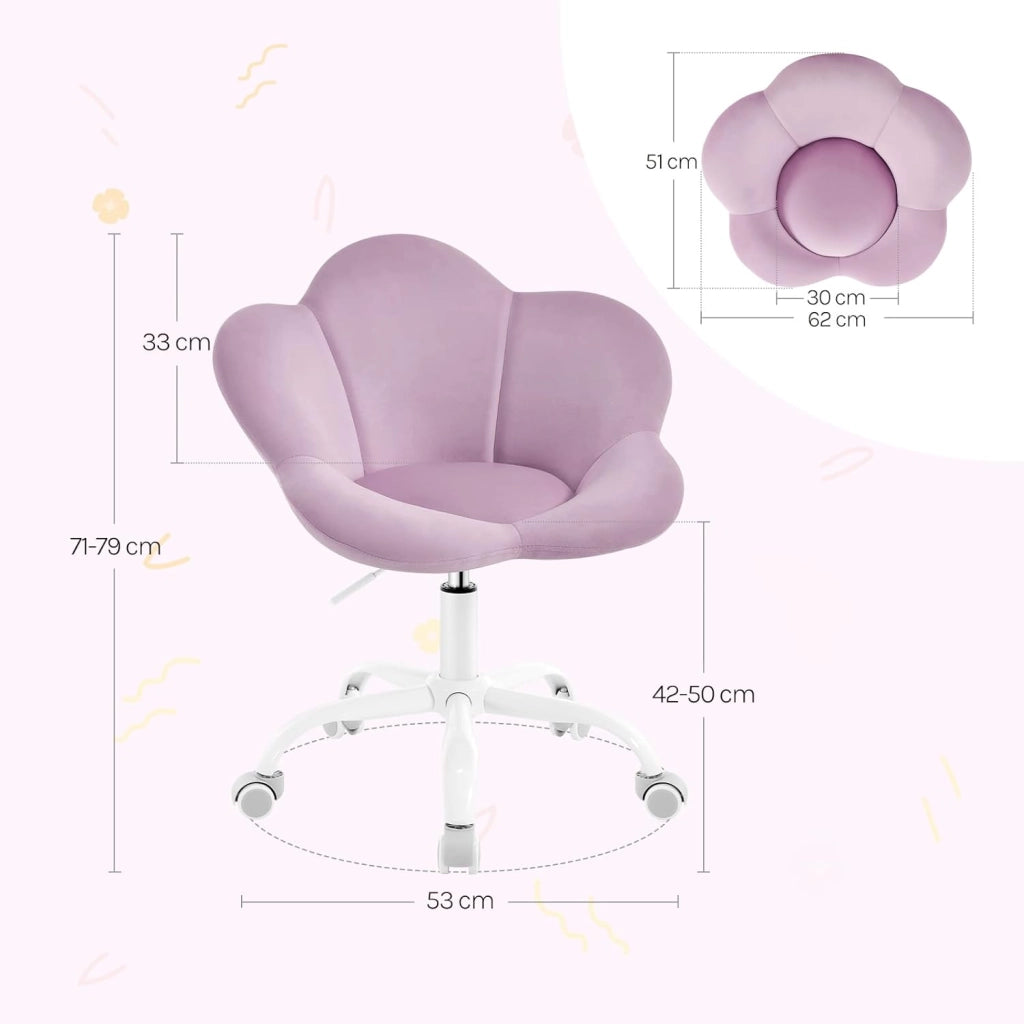 Sedia da Scrivania per Bambini, Sedia Ufficio Ergonomica Girevole e Regolabile in Altezza con Rotelle, Seduta a Forma di Fiore per Studio, Camera da Letto, Velluto, Viola Pastello