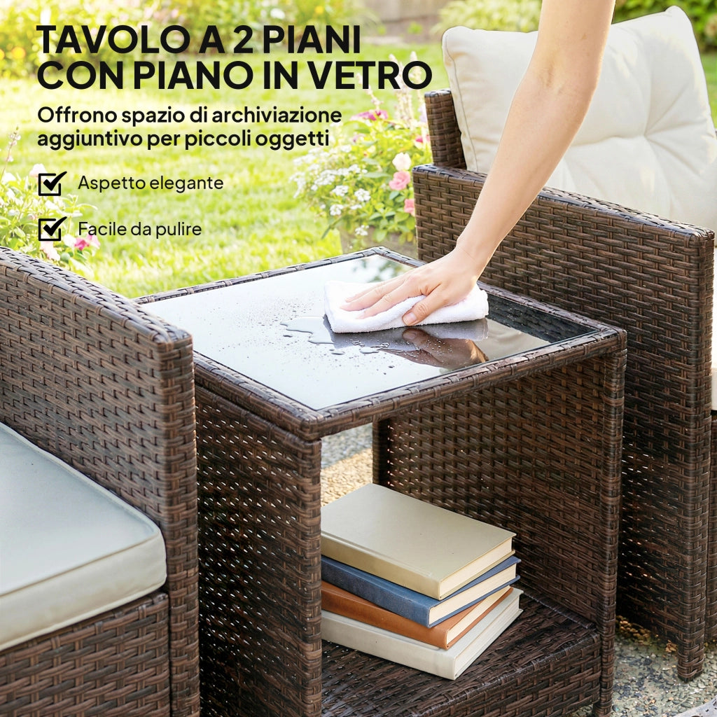 Set da Giardino 3pz in Rattan PE e Acciaio con 2 Poltrone con Cuscini e Tavolino da Caff¨¨, Marrone e Crema