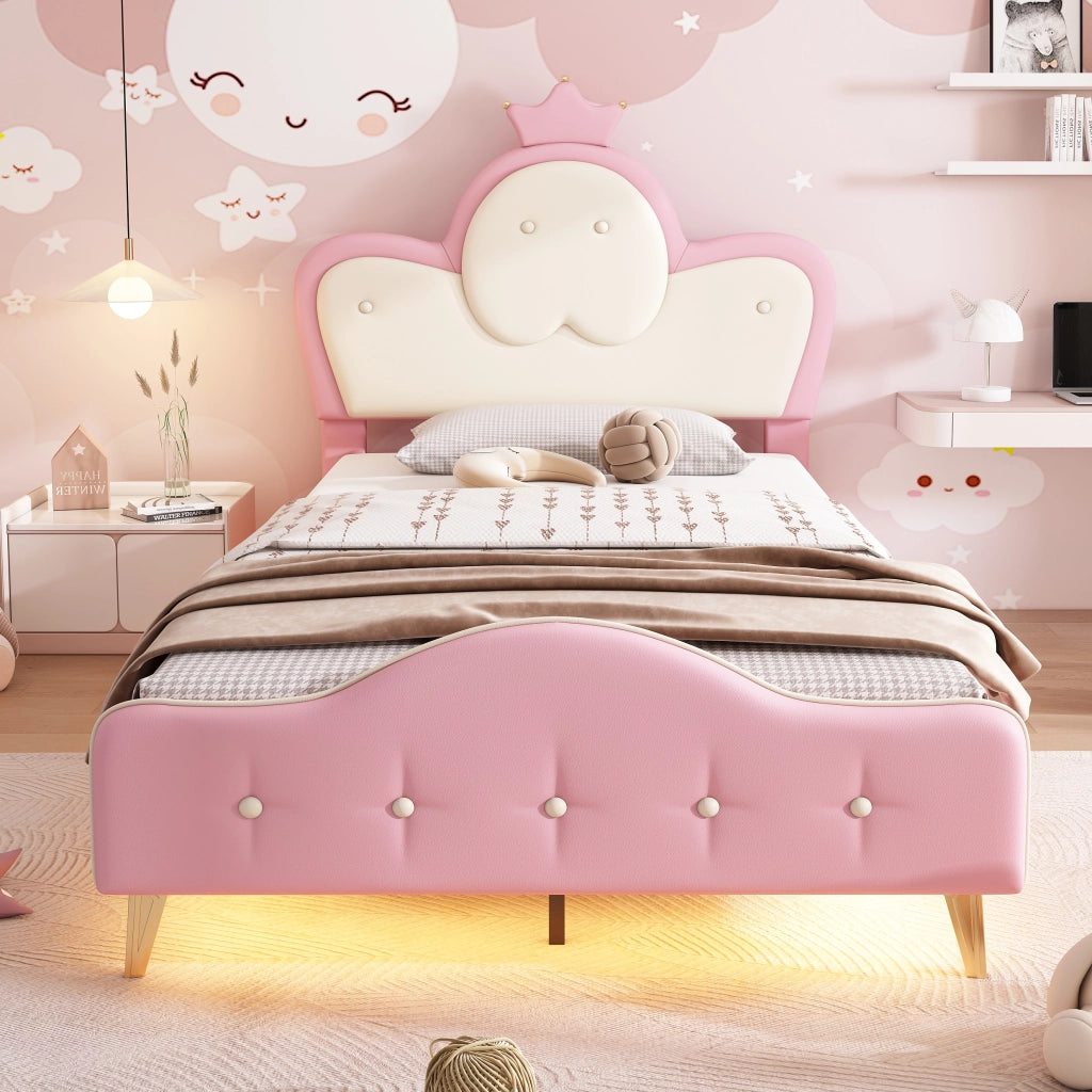 Letto per Bambini 90 x 200 cm; Letto Singolo - LED e Bordi Morbidi - PU Rosa e Bianco