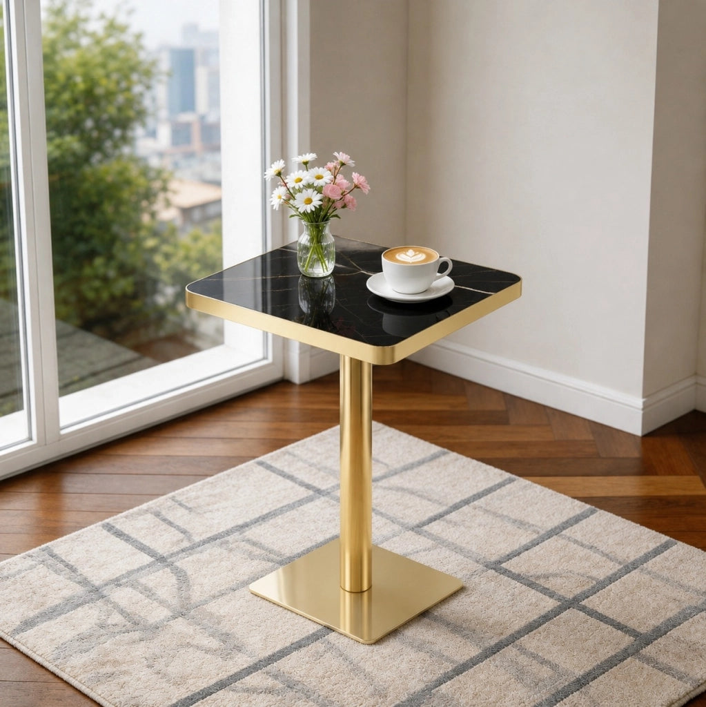 Tavolo quadrato 60x60 cm effetto marmo con struttura in metallo; nero