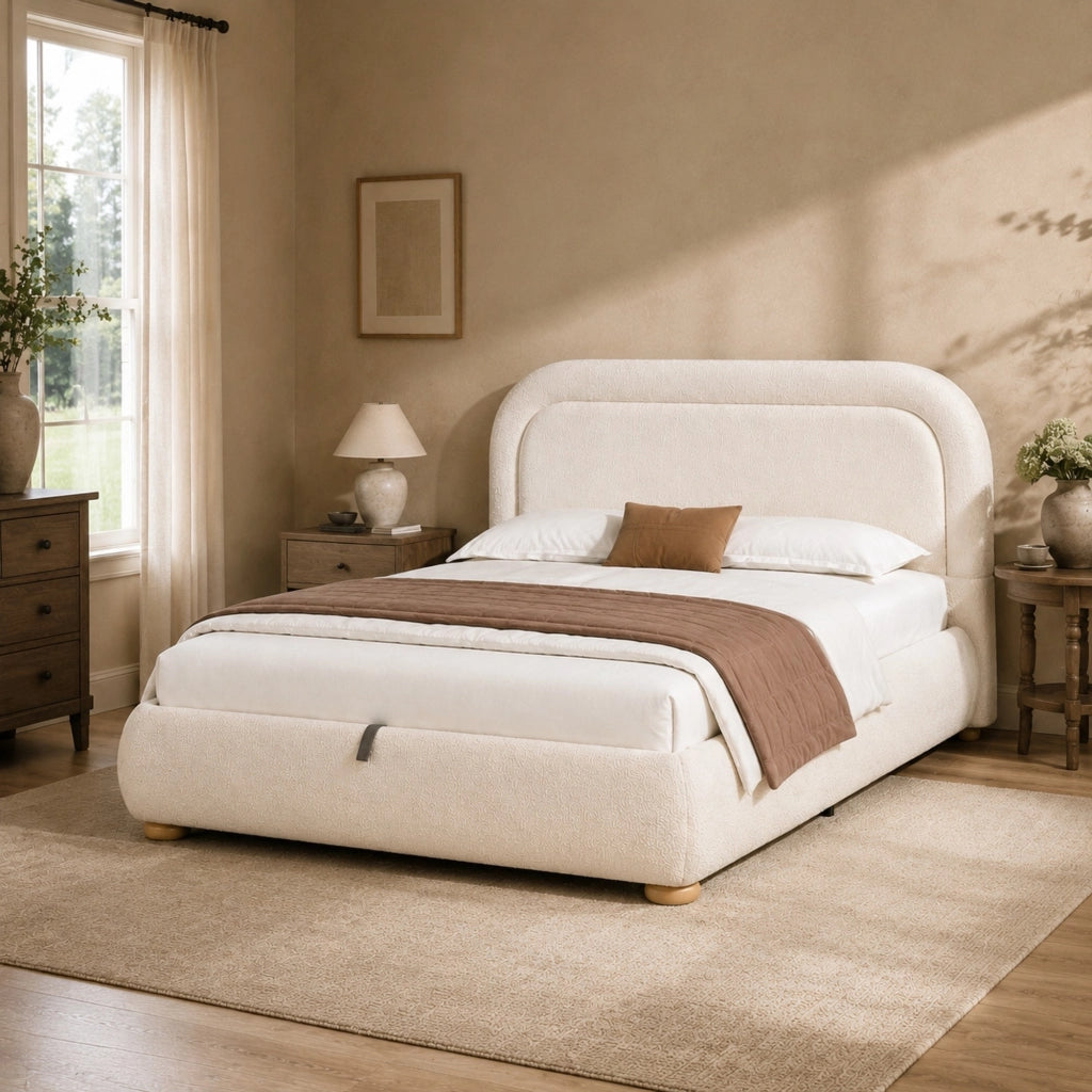Letto matrimoniale 140 x 190 cm con contenitore idraulico, testiera imbottita e tessuto bouclé beige