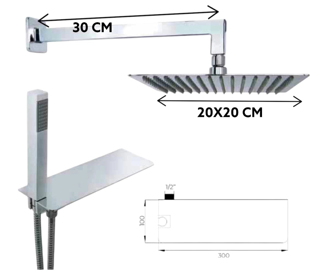 Set doccia quadrato con mensola, sistema completo