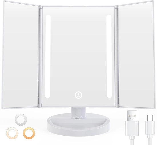 Specchio di trucco con illuminazione, 40 LED con 3 colori di luce e intensità regolabile, specchio da tavolo pieghevole con interruttore a tocco