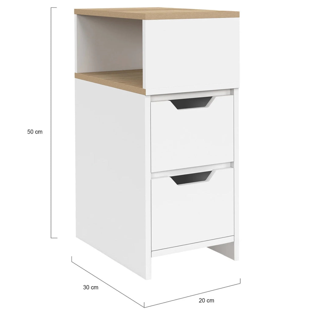 IDMarket - Set di 2 comodini stretti a 2 cassetti ANOUK con nicchia laterale reversibile in bianco e legno