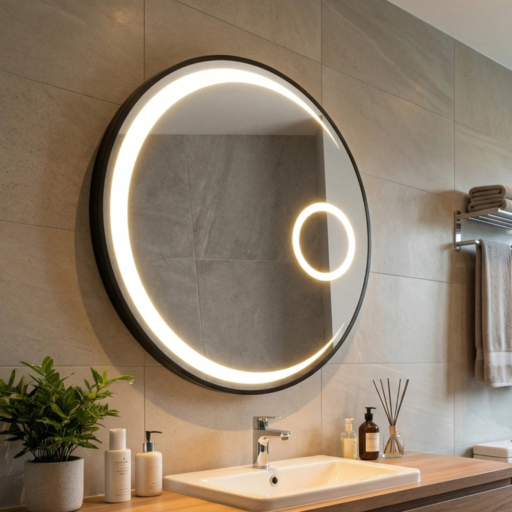 Specchio da trucco circolare con 3 colori di luce e lente d¡¯ingrandimento 3X-Specchio smart da parete da 61 cm