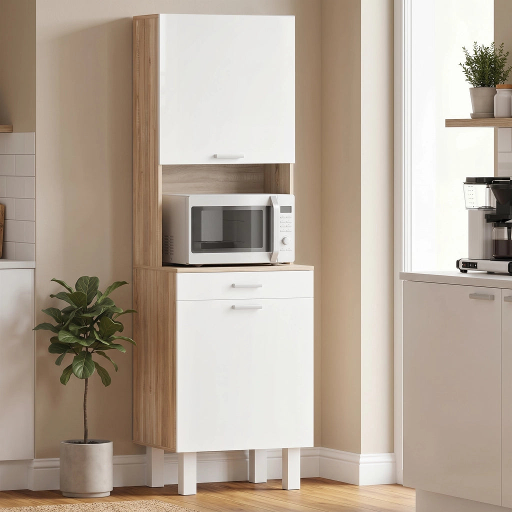 Armadio da Cucina con Ante, Cassetto e Piano di Lavoro ¨C zephmum ¨C Bianco e Legno Naturale 55x40x174 cm