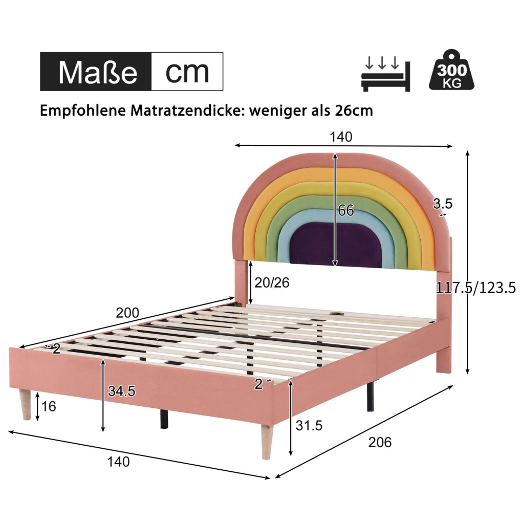 Letto imbottito 140x200 cm in velluto rosa con rete a doghe
