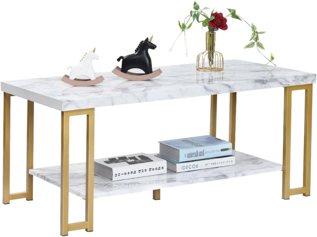 Tavolino da Caffè a 2 Livelli, Tavolo Portaoggetti Solido, Stile Moderno, Adatto per Soggiorno, Ufficio, Camera da Letto,100x50x45 cm, Bianco+Oro