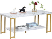Tavolino da Caffè a 2 Livelli, Tavolo Portaoggetti Solido, Stile Moderno, Adatto per Soggiorno, Ufficio, Camera da Letto,100x50x45 cm, Bianco+Oro
