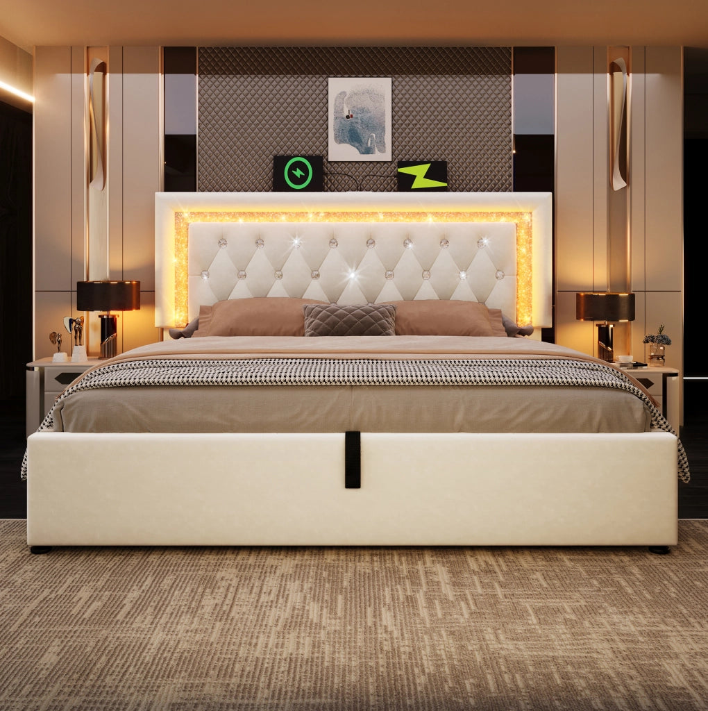 Letto matrimoniale 140x200 cm in velluto beige con LED; porta USB Type-C; contenitore e materasso