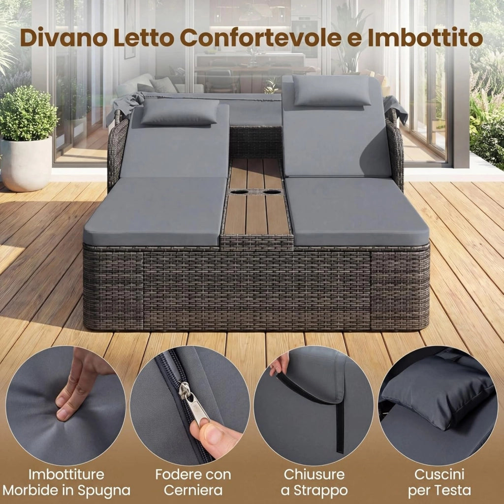 Letto Prendisole Matrimoniale per 2 Persone, Lettino da Giardino in Rattan con Tetto Retrattile e Schienali Regolabili, Isola Prendisole con Tavolino e Portabicchieri per Relax (Grigio)