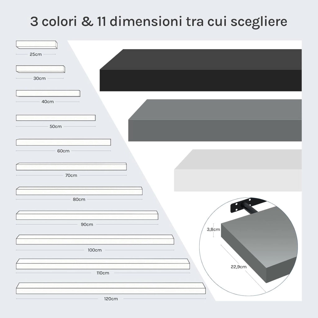 Mensola da Muro, Set di 2, Scaffale Sospeso da Parete Libreria Piccola per Soggiorno Cameretta Porta CD DVD, Pannello MDF 100x22,9x3,8cm, Grigio Lucido, RG9482gr-2