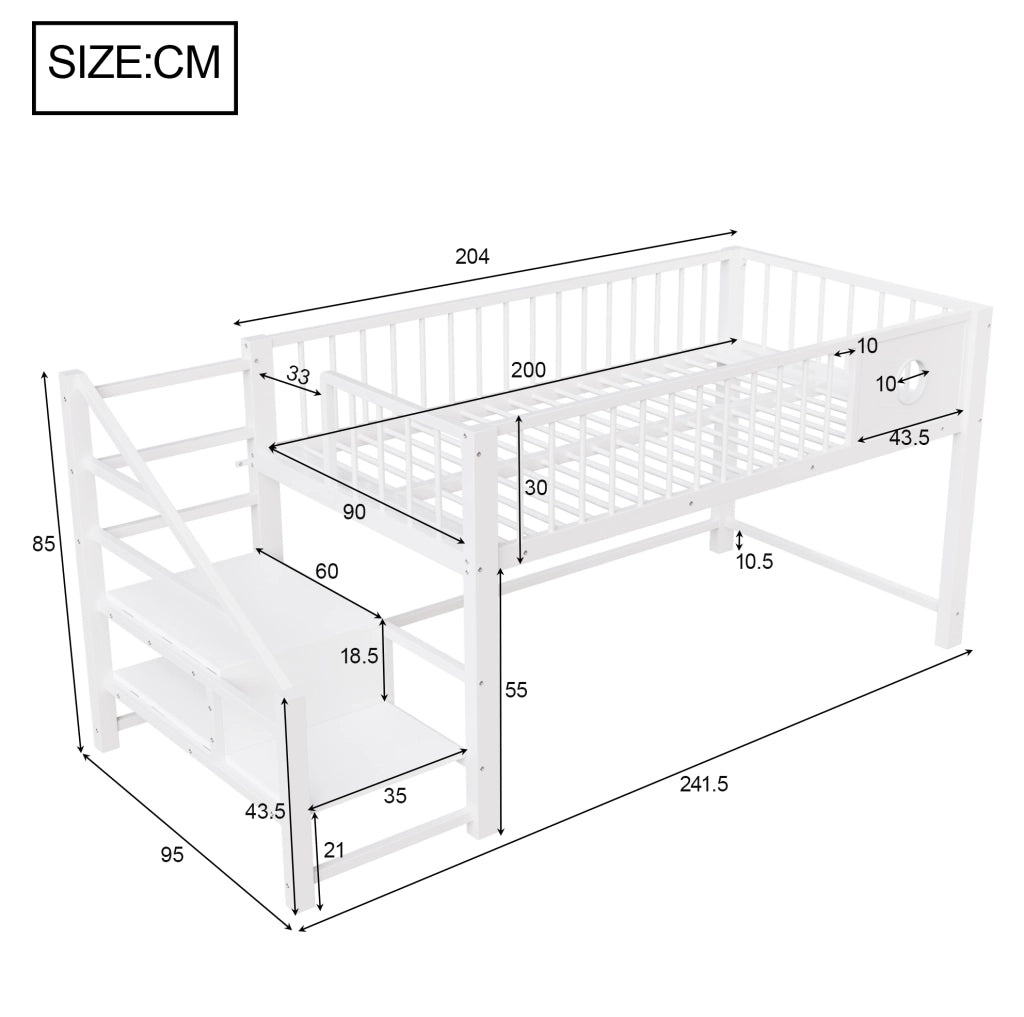 Letto a castello basso per bambini e ragazzi 90x200 cm in metallo bianco con scala contenitore